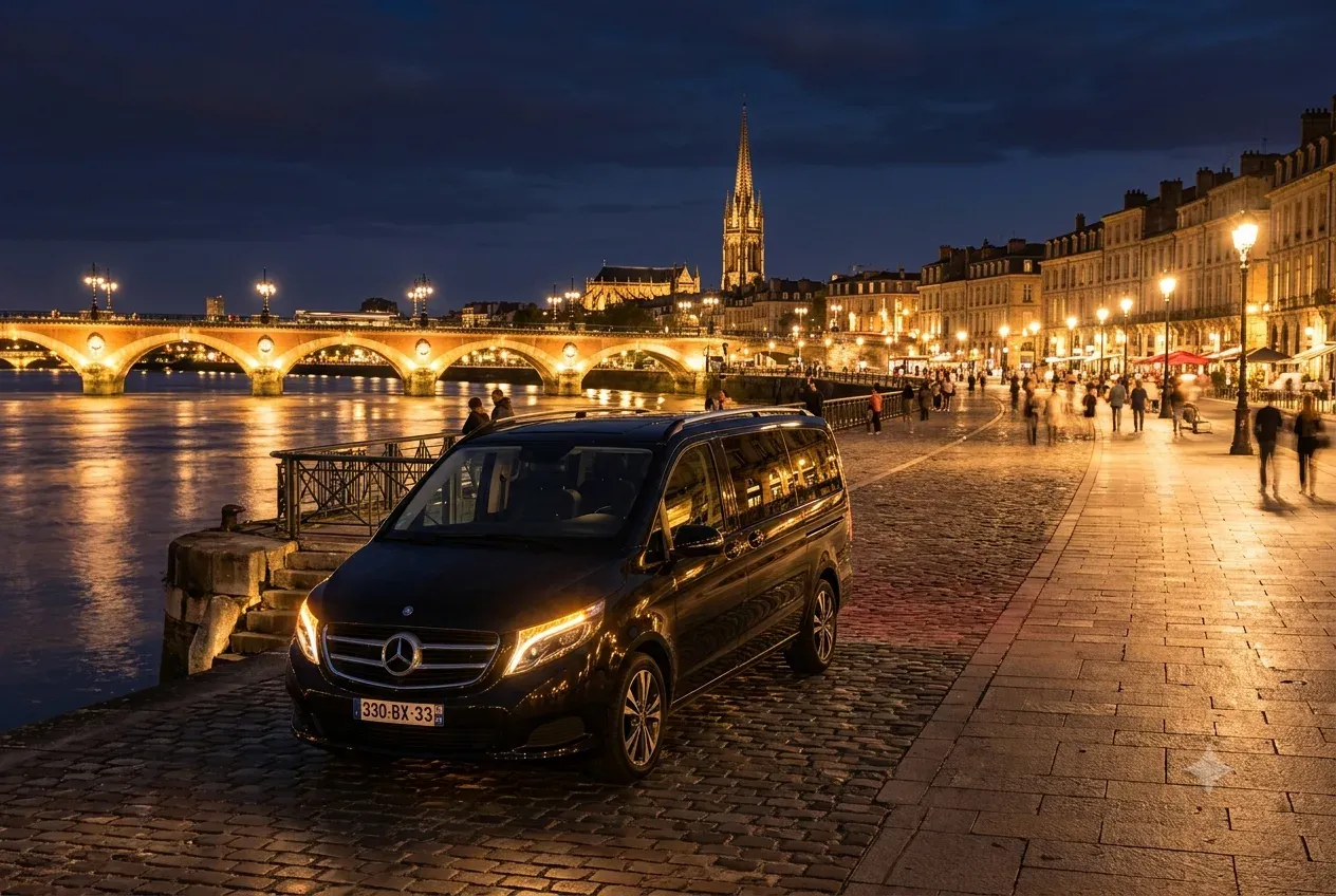Van Mercedes Classe V Houci Transport sur les quais de Bordeaux de nuit lors d'une soirée de gala